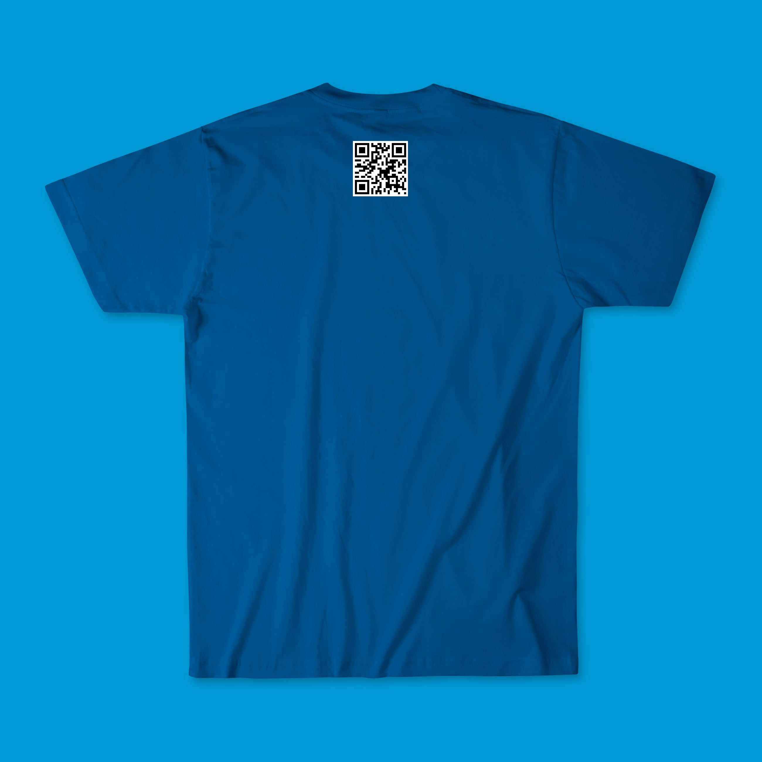 Blue Starry Skyward Tee with QR code on back, lightweight soft cotton fabric, unisex fit.