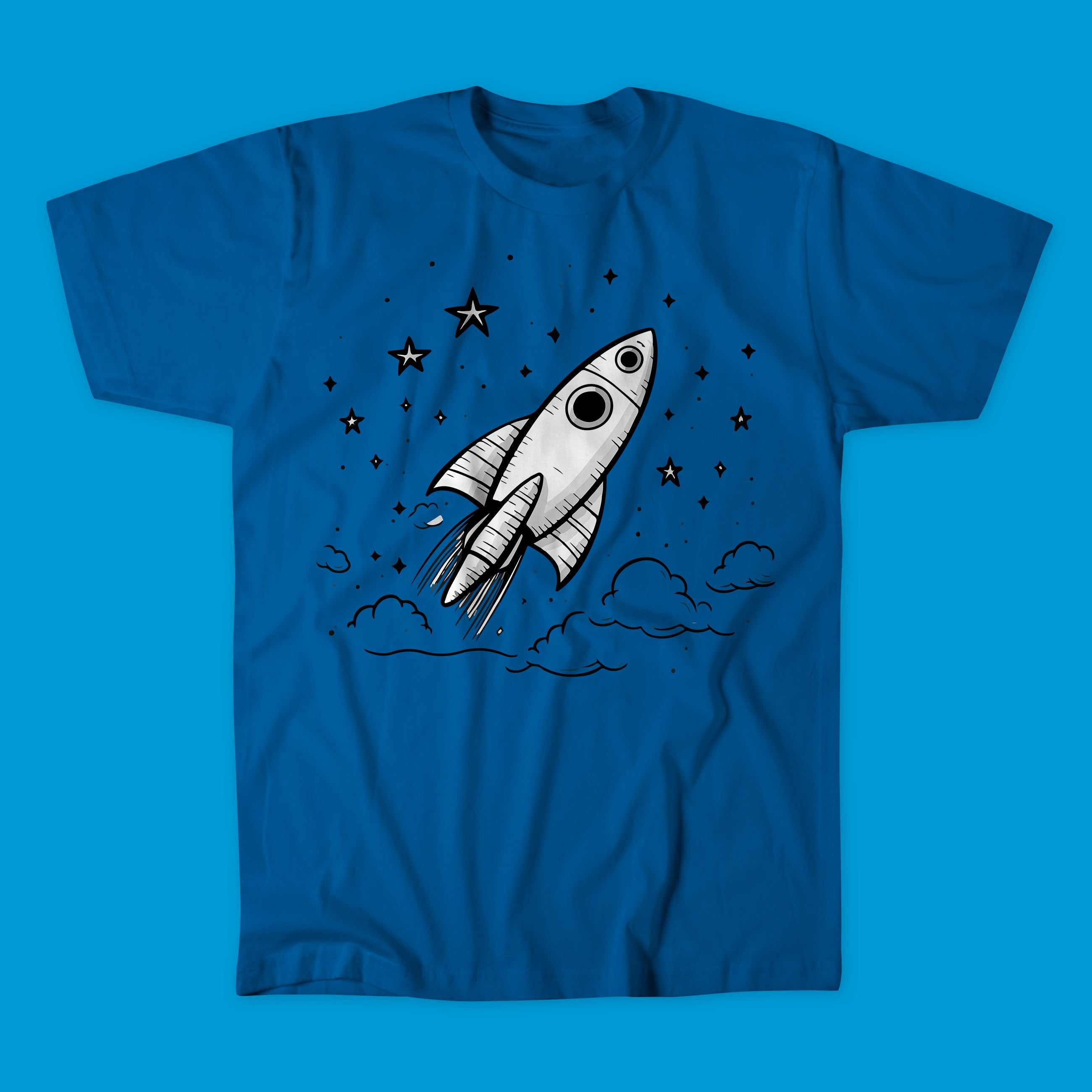 Blue Starry Skyward Tee with rocket and star design for kids, soft cotton unisex t-shirt